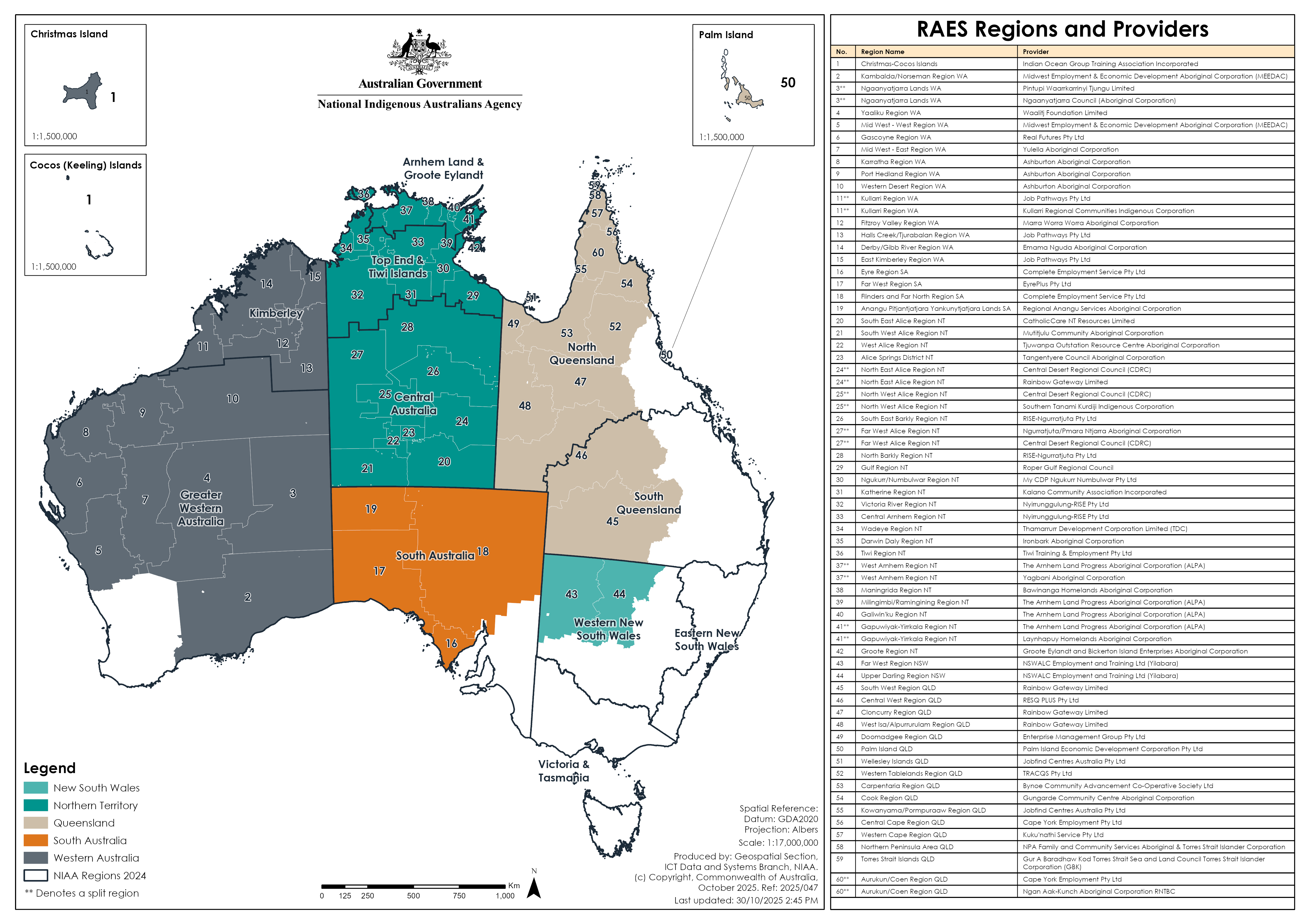 RAES Regions and Providers map as at October 2025