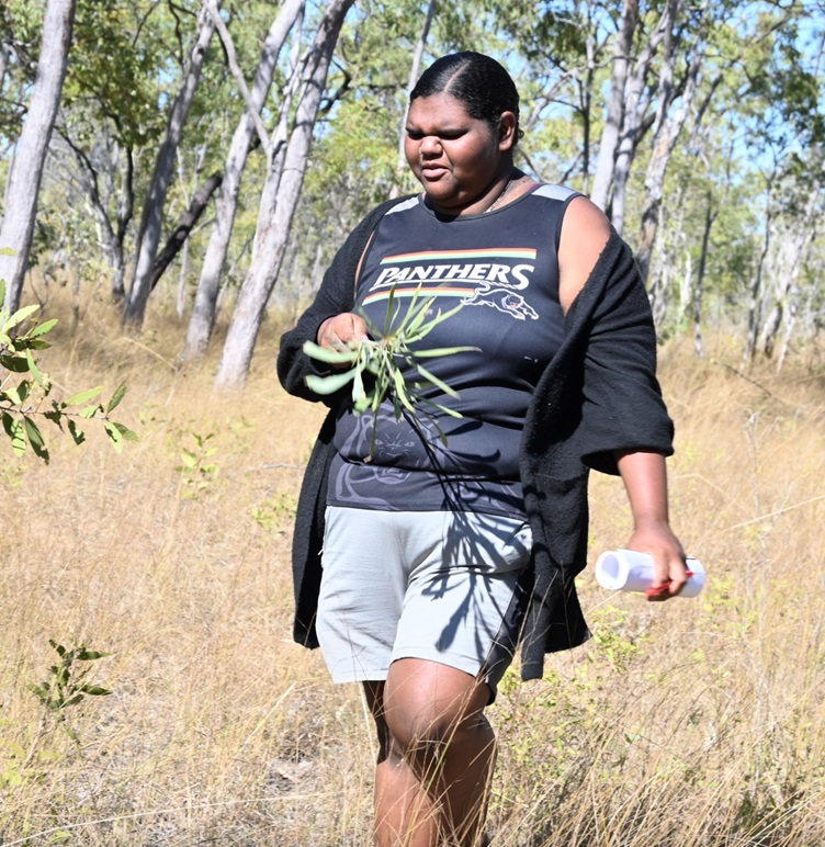 A woman walks through the bush holding a bush branch of leaves