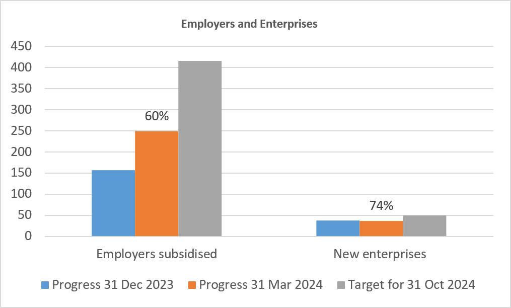 Employers and Enterprises graph. Employers subsidised: Progress at 31 March 2024 (60%); target for 31 October 2024 New enterprises: Progress at 31 March 2024 (74%); Target for October 2024