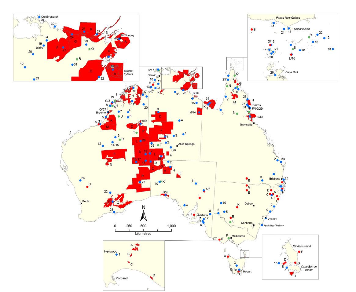 Map of Australia showing the Indigenous Protected Areas, Ranger groups and NIAA offices with list below