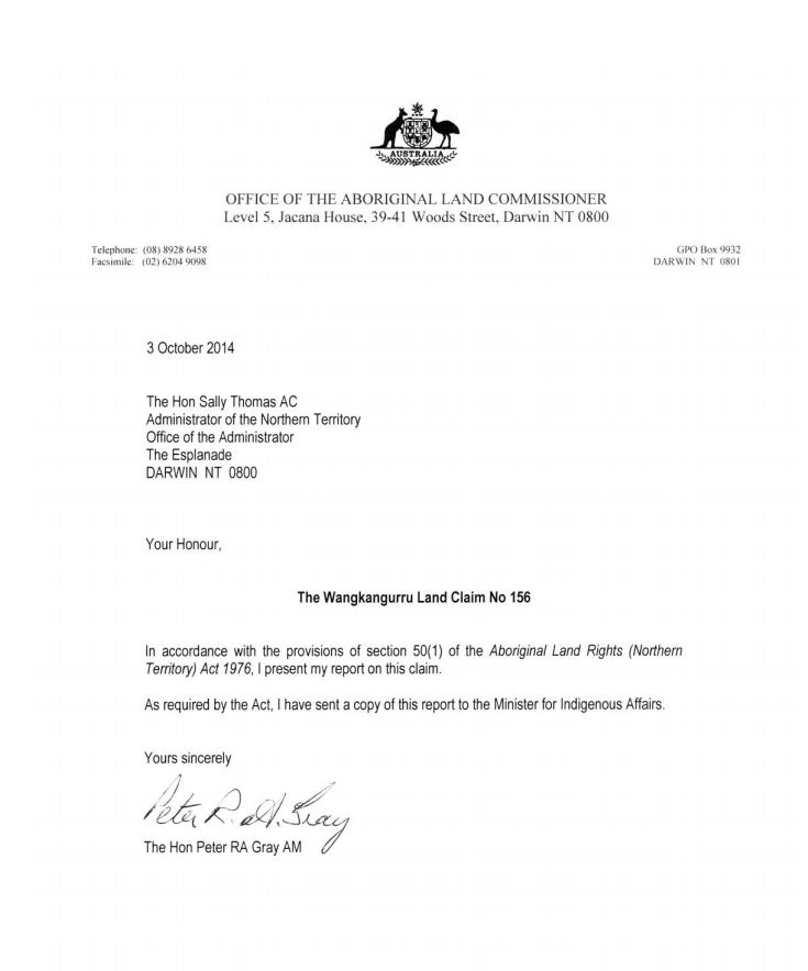 Image of signed letter from the Hon Peter Gray AM to the Hon Sally Thomas AC