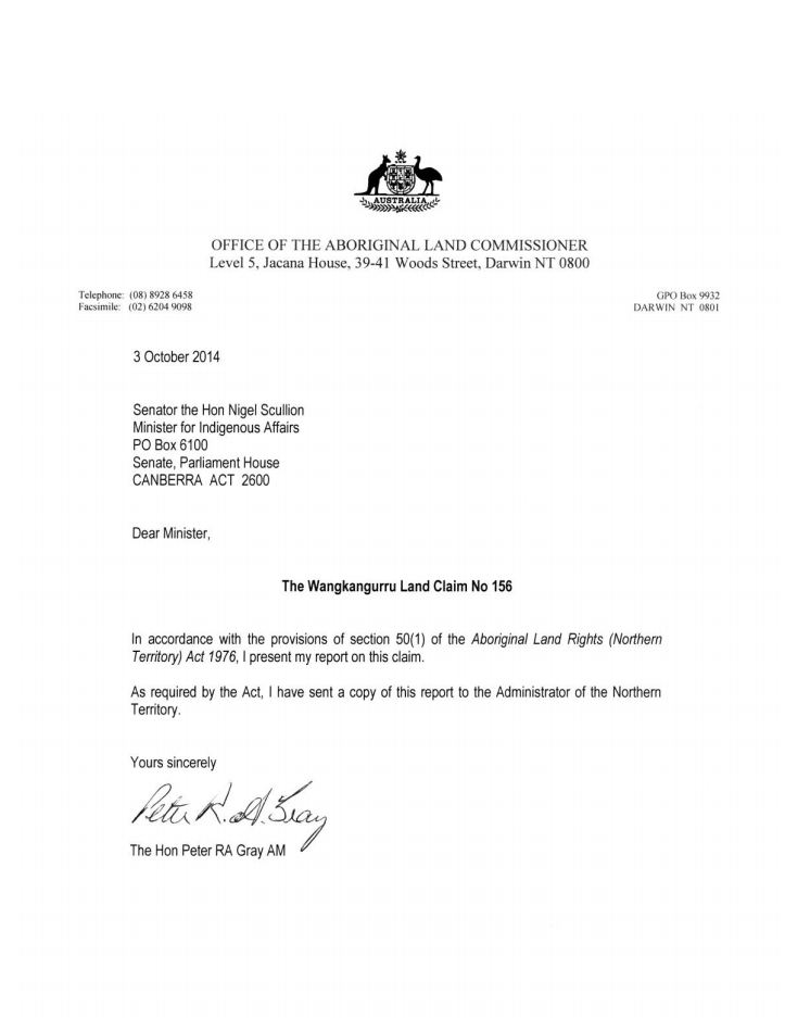 Image of the letter from the Hon Peter Gray AM to Minister Scullion