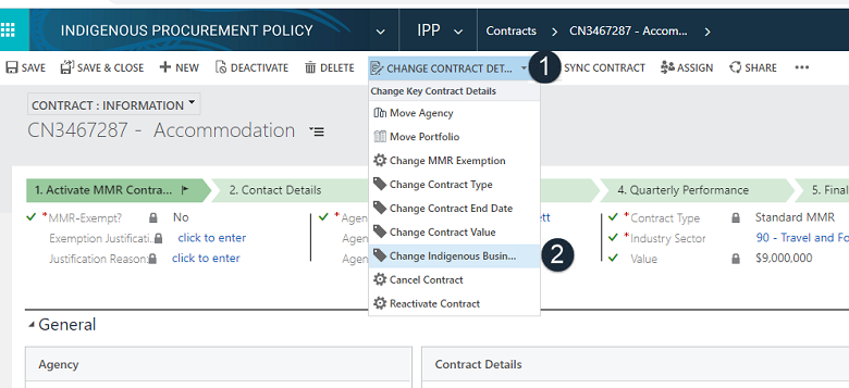 Screenshot of IPPRS showing Change Contract Details button then Change Indigenous Business Indicator option selected