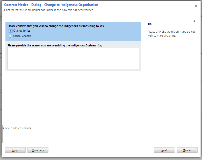 Screenshot of IPPRS showing Contract Notice - Change to Indigenous Organisation dialog box launched to step through updating the IBI 