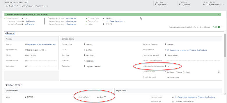 Screenshot of IPPRS showing Indigenous Business Contract option set to Yes and Contract Type option set to NON0IPP