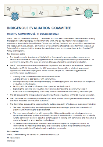 Indigenous Evaluation Committee Meeting Communique 11 December 2023 Cover