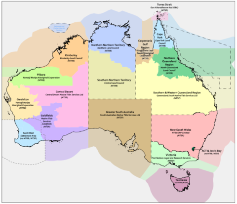 Map of Representative Aboriginal/Torres Strait Islander Body Areas.
Below is an image that shows a map of Australia with the Representative Aboriginal/Torres Strait Islander Body Areas marked.
Queensland
Light pink colour highlights the Torres Strait region. Text of “Torres Strait – Gur A Baradharaw Kod (GBK) (NTSP)” sits above the highlight. 
Blue colour highlights the Cape York region, extending into the Coral Sea. Text of “Cape York – Cape York Land Council (NTRB)” sits on the highlight.
Light brown colour highlights the Carpentaria Gulf Region, extending into the Queensland side of the Gulf of Carpentaria. Text of “Carpentaria Gulf Region – Carpentaria Land Council Aboriginal Corporation (NTSP)” sits on the highlight. 
Green colour highlights the Northern Queensland Region, to the south of the Cape York Region and to the east of the Carpenaria Gulf Region. It covers the land from Daintree in the north, to Mackay and Sarina in the south, to Richmond and Croydon in the west. It also extends into the Coral Sea. Text of “Northern Queensland Regional – North Queensland Land Council (NTRB)” sits on the highlight. 
Yellow colour highlights the Southern and Western Queensland Region, to the south of the Northern Queensland Region and Carpentaria Gulf Region. It extends from those regions’ borders to the NT and NSW borders, covering the remainder of Queensland. It extends in to the Coral Sea. Text of “Southern & Western Queensland Region – Queensland South Native Title Services Ltd (NTSP)” sits on the highlight. 
New South Wales
Light pink colour highlights all of NSW, extending in to the Tasman Sea. Text of “New South Wales – NTSCORP Limited (NTSP)” sits on the highlight. 
Australian Capital Territory 
Dark green colour highlights all of the ACT. A line points to the ACT with text of “ACT & Jervis Bay (no NTRB/NTSP)”. 
Victoria
Light green colour highlights all of Victoria, extending to the sea to the Indian Ocean in the west and Tasman Sea in the east, but not covering the Bass Strait. Text of “Victoria – First Nations Legal and Research Service (NTSP)” sits on the highlight. 
Tasmania 
Purple colour highlights all of Tasmania, extending to the Bass Strait and south into the Indian Ocean. Text of “Tasmania – (no NTRB/NTSP)” sits on the highlight. 
South Australia
Light brown colour highlights all of South Australia, extending to the Great Australian Bight. Text of “Greater South Australia – South Australian Native Title Services Ltd (NTSP)” sits on the highlight. 
Western Australia 
Purple colour highlights a south-eastern region of Western Australia, extended from Eucla to Esperance on the coast, across the Goldfields region covering Kalgoorlie, Laverton and Leinster. It also covers the eastern section of the Great Australian Bight within the Western Australia border. Text of “Goldfields – Native Title Services Goldfields (NTSP)” sits on the highlight. 
Yellow colour highlights the Murchison and Gascoyne regions, extending to the Indian Ocean. Text of “Geraldton – Yamatji Marlpa Aboriginal Corporation (NTRB)” sits on the highlight. 
Green colour highlights the Pilbara region, extending to the Indian Ocean. Text of “Pilbara – Yamatji Marlpa Aboriginal Corporation (NTRB)” sits on the highlight. 
Light blue colour highlights a south-western region of Western Australia, extended from the Goldfields border in the east to the Geraldton border in the north. The highlight covers the Perth region. The highlight does not extend to the sea. Text of “South West Settlement Area (no NTRB/NTSP)” sits on the highlight. 
Orange colour highlights the Kimberley region in the north-western region of Western Australia, extending to the Indian Ocean. Text of “Kimberley – Kimberley Land Council (NTRB)” sits on the highlight. 
Pink colour highlights from the Western Australia border to the Goldfields, Geraldton, Pilbara and Kimberley regions, covering the Central Desert region. Text of “Central Desert – Central Desert Native Title Services Ltd (NTSP)” sits on the highlight. 
Light blue colour highlights the Ashmore and Carter Islands Territory. Text of “Ashmore and Carter Islands Territory” sits on the highlight. 
Northern Territory
Blue colour highlights the northern part of the Northern Territory, extending to the Arafura and Timor Seas and covering the Tiwi Islands and Groote Eylandt. Text of “Northern Northern Territory – Northern Land Council (NTRB)”. 
Khaki colour highlights the southern part of the Northern Territory, extending to the South Australian border. Text of “Southern Northern Territory – Central Land Council (NTRB)