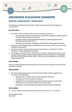 Meeting Communiqué: Indigenous Evaluation Committee, 1 March 2019