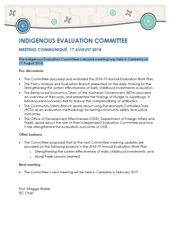 Meeting Communiqué: Indigenous Evaluation Committee, 17 August 2018