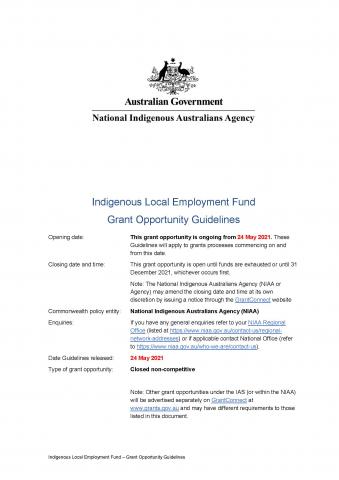 Indigenous Local Employment Fund – Grant Opportunity Guidelines