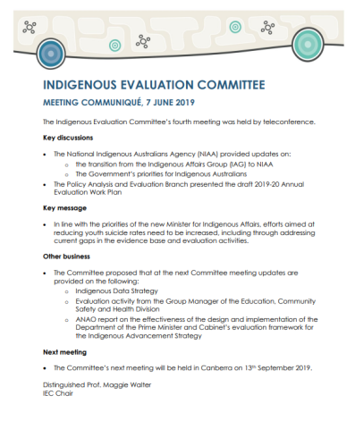 Meeting Communiqué: Indigenous Evaluation Committee, 7 June 2019