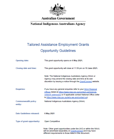 Tailored Assistance Employment Grant Opportunity Guidelines