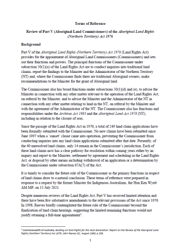 Terms of Reference - Review of Part V (Aboriginal Land Commissioners) of the Aboriginal Land Rights (Northern Territory) Act 1976