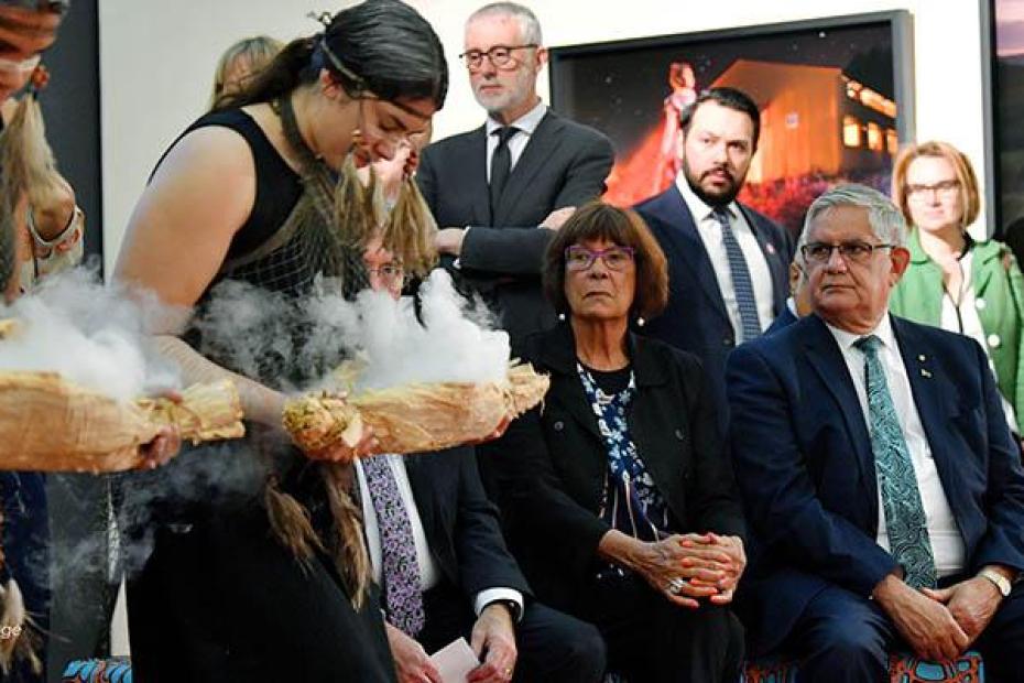 Pat Turner AM, Lead Convenor of the Coalition of Peaks and the Minister for Indigenous Australians, the Hon. Ken Wyatt AM MP, watch a Welcome to Country at the Joint Council on Closing the Gap meeting in Adelaide.