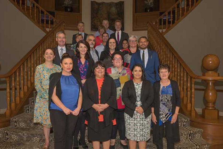 Front row (L-R) – Natalie Lewis, Cheryl Axleby, Melissa Clarke, Vicki O’Donnell Second row (L-R): Hon Michelle Lensink MLC, Hon Jacquie Petrusma MP, Cindy Berwick, Jonathan Ford Third row (L-R): David O’Loughlin, Trevor Pearce, Muriel Bamblett, Katrina Fanning Fourth row (L-R): Rachel Stephen-Smith MLA, David Warriner, Ngaree Ah Kit MLA Fifth row (L-R): Tony Buti MLA, Pat Turner AM, Senator the Hon Nigel Scullion Sixth row (L-R): John Paterson