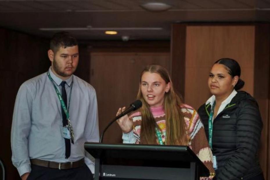 Amelia Devine presents at WEX Canberra, with (L-R) Robert James Eggmolesse and Bessie Aragu-Bailey Photo: ETM Perspectives.